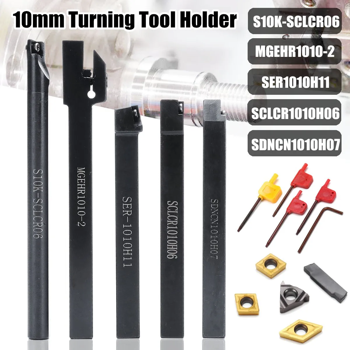 

WOLIKE 5pcs 10MM Shank Turning Tool Holder Set With Inserts Blade Wrench For Lathe And CNC