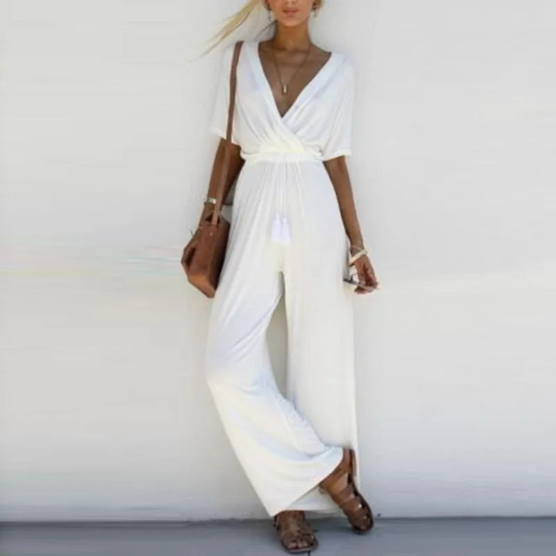 Women's V Neck Long Playsuit Ladies Short Sleeve Casual Evening Jumpsuit Romper