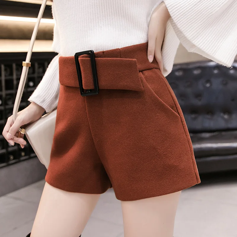 Шерстяные широкие брюки женские 2019 осень и зима Корейская версия сплошной цвет Высокая талия повседневные шорты