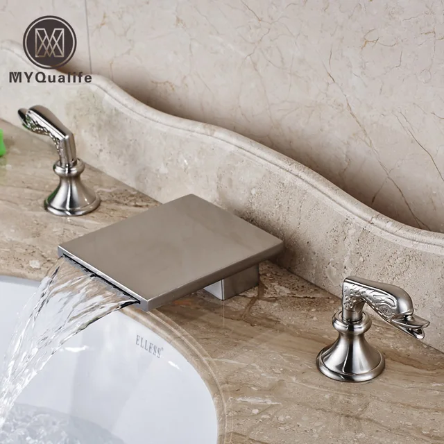 Deck Mounted Waterfall Bathroom Faucet Tap Dual Handles Brushed Deck Mounted Waterfall Bathroom Faucet Tap Dual Handles Brushed Nickel Bath Spout Mixer