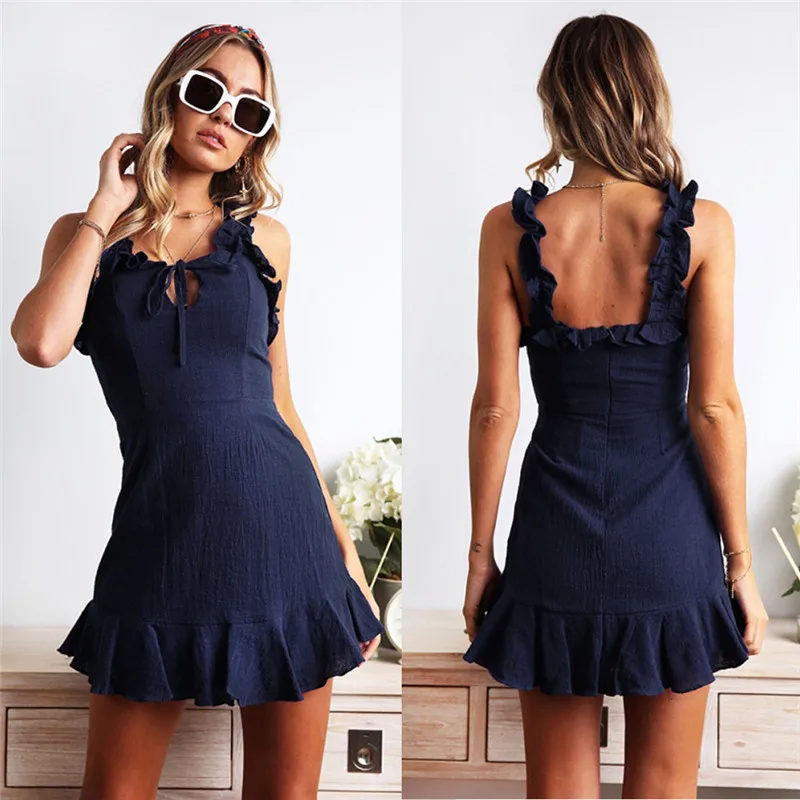 

Fashion Mermaid Dress Sexy Sling Backless Irregular Ruffle Female Dress Zipper Belt Design Solid Color Office Lady Dress