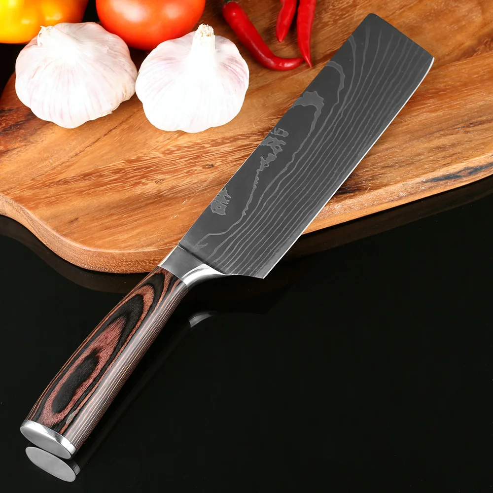 XYj 8" 7" inch Japanese Kitchen Knives Imitation Damascus Pattern Chopping Chef Knife With Knife Cover Stainless Steel Knife Set