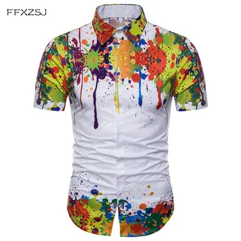 

Fashion Splash Ink Print Hawaiian Shirt 2018 Brand New Slim Fit Short Sleeve Mens Dress Shirts Summer Casual Beach Shirt Camisa