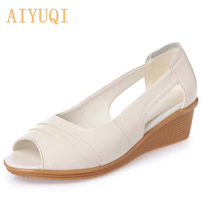 

AIYUQI 2019 fashion solid genuine leather woman sandals, comfortable wedges fish mouth Side hollowing casual daily shoes