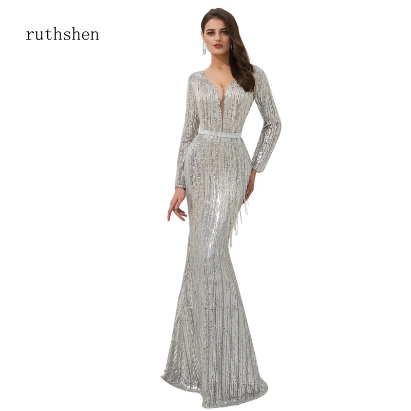 

ruthshen Reflective Dress Sparkly Evening Dress Sequined Fringed Evening Frocks Seethrough Sexy Mermaid Gowns Abendkleider 2019