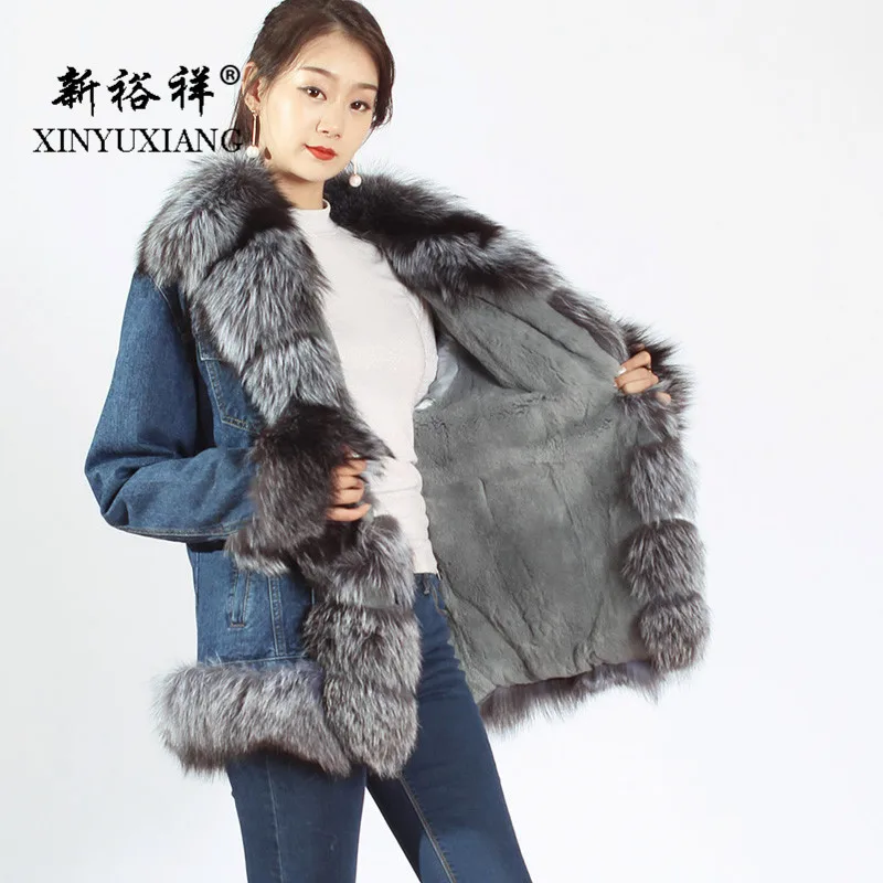 XINYUXIANG/ модные джинсовые куртки с натуральным лисьим мехом, уличная натуральная подкладка из кроличьего меха, зимние теплые пальто 239NJ