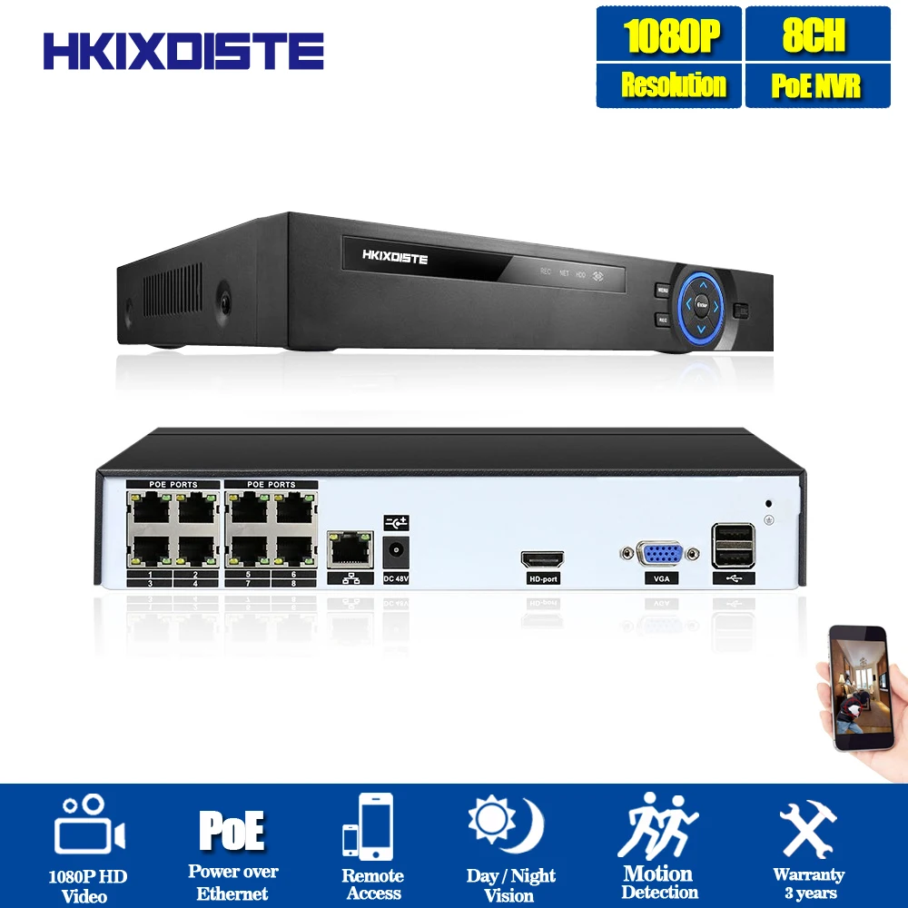 

HKIXDISTE 8CH Full HD Onvif 1080P 48V Real PoE NVR All-in-one Network Video Recorder for PoE IP Cameras P2P XMeye CCTV System