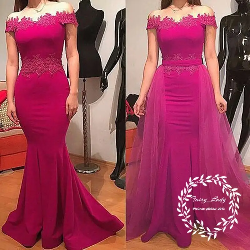 Vrouwen Off Shoulder Fuchsia Kant Applicaties Lange Prom avondjurken 2018 lange Mermaid Afneembare Rok Moeder Van De Bruid Jurken Vrouwen Off Shoulder Fuchsia Kant Applicaties Lange Prom avondjurken 2018 lange Mermaid Afneembare Rok Moeder Van De Bruid Jurken