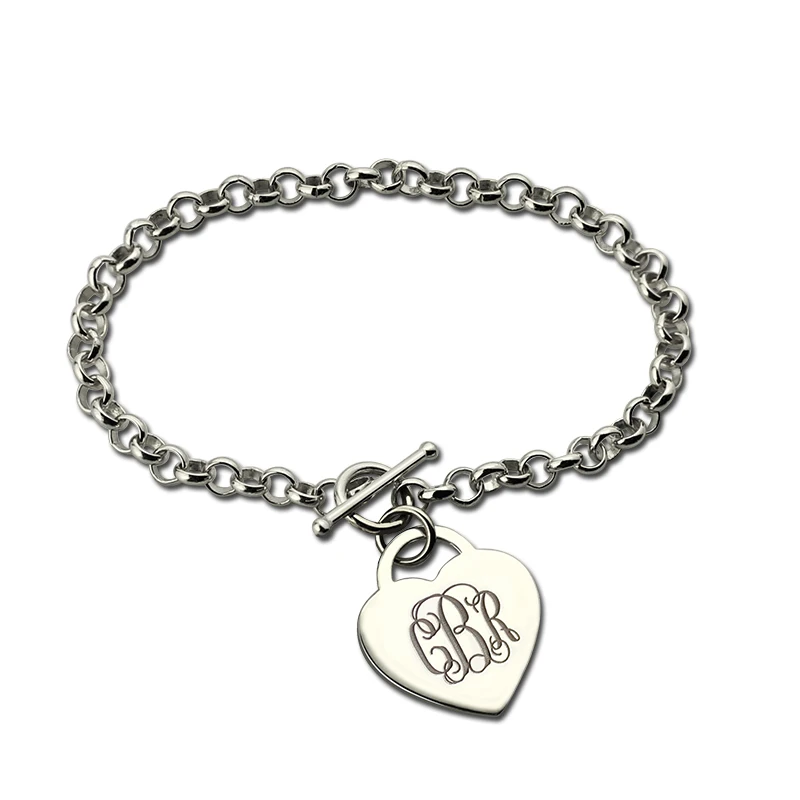 AILIN Personalized Engraved Monogram Heart Bracelet Silver Monogrammed Initials Bracelet ...