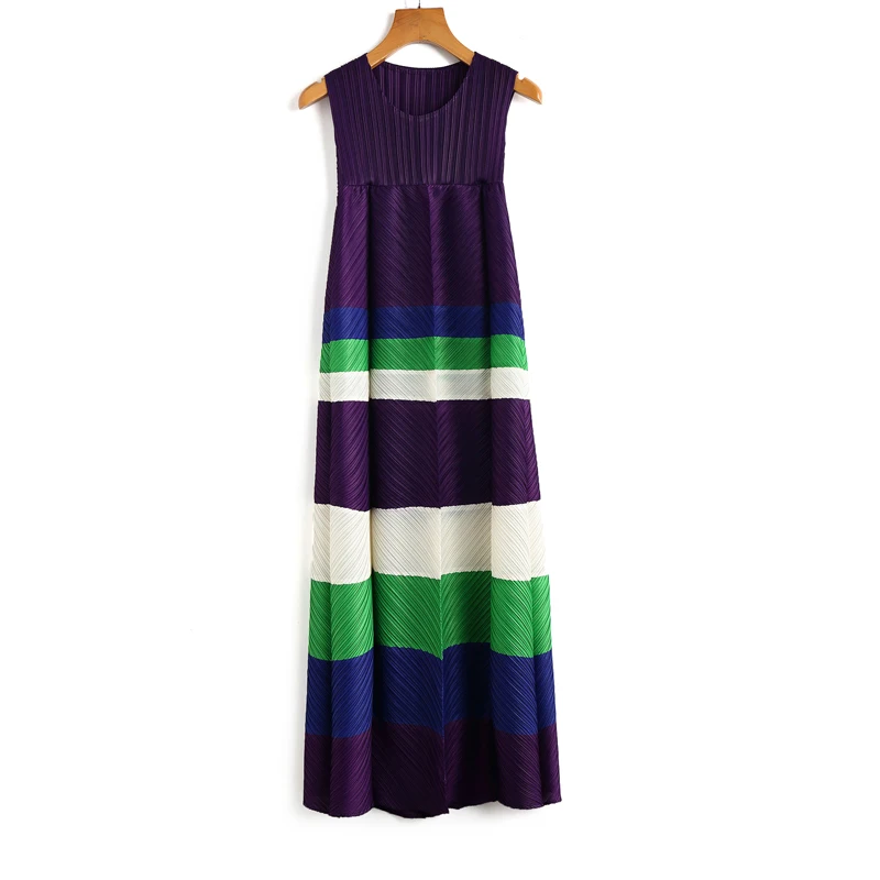 Purple Changpleat Лето Для женщин в полоску платья Miyak плиссированные рукавов О-образным вырезом Большой эластичные свободные большой Размеры Женское платье прилив - Цвет: Purple