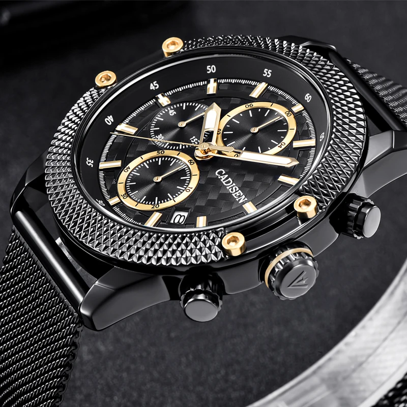 

CADISEN Watches Men Sport Chronograph Fashion Watch Men's Mesh Band Leather Strap Waterproof Casual Quartz Watch Stainless Steel