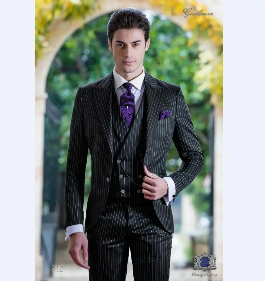 Итальянский мужской костюм в тонкую полоску для свадьбы, мужской пиджак жениха с брюками, 3 предмета, облегающий костюм со штанами, смокинг с жилетом на заказ - Цвет: Same as Image