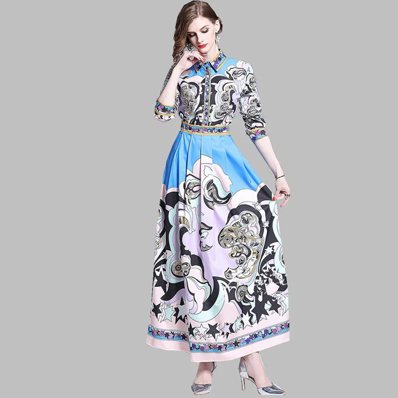 

HAMALIEL Fashion Women's Big Swing Maxi Dress Summer Spring Location Print Flower Shirt Dress Exquisite Slim Holiday Party Dress