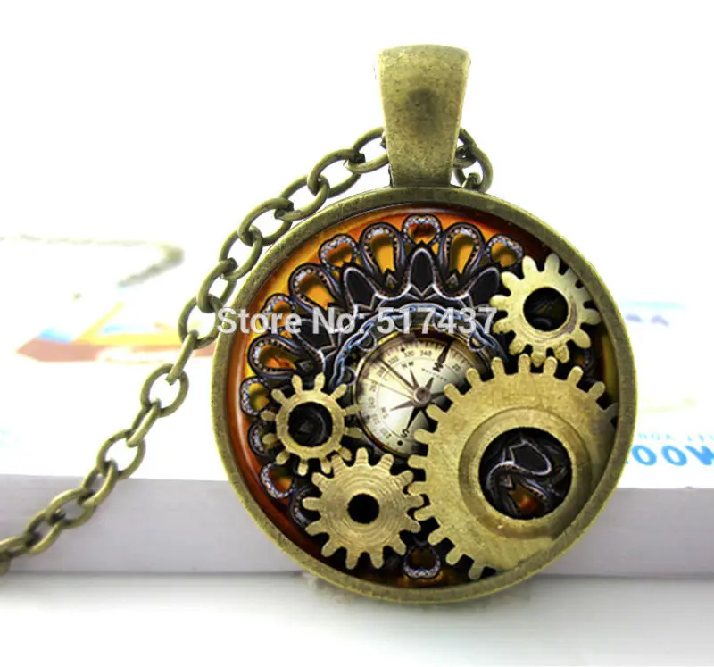 

New-2014-Aliexpress-Photo-Glass-Cabochon-Steampunk-Necklace-Pendant-Vintage-Bronze-Compass-Gears-Cog-Glass-Jewelry