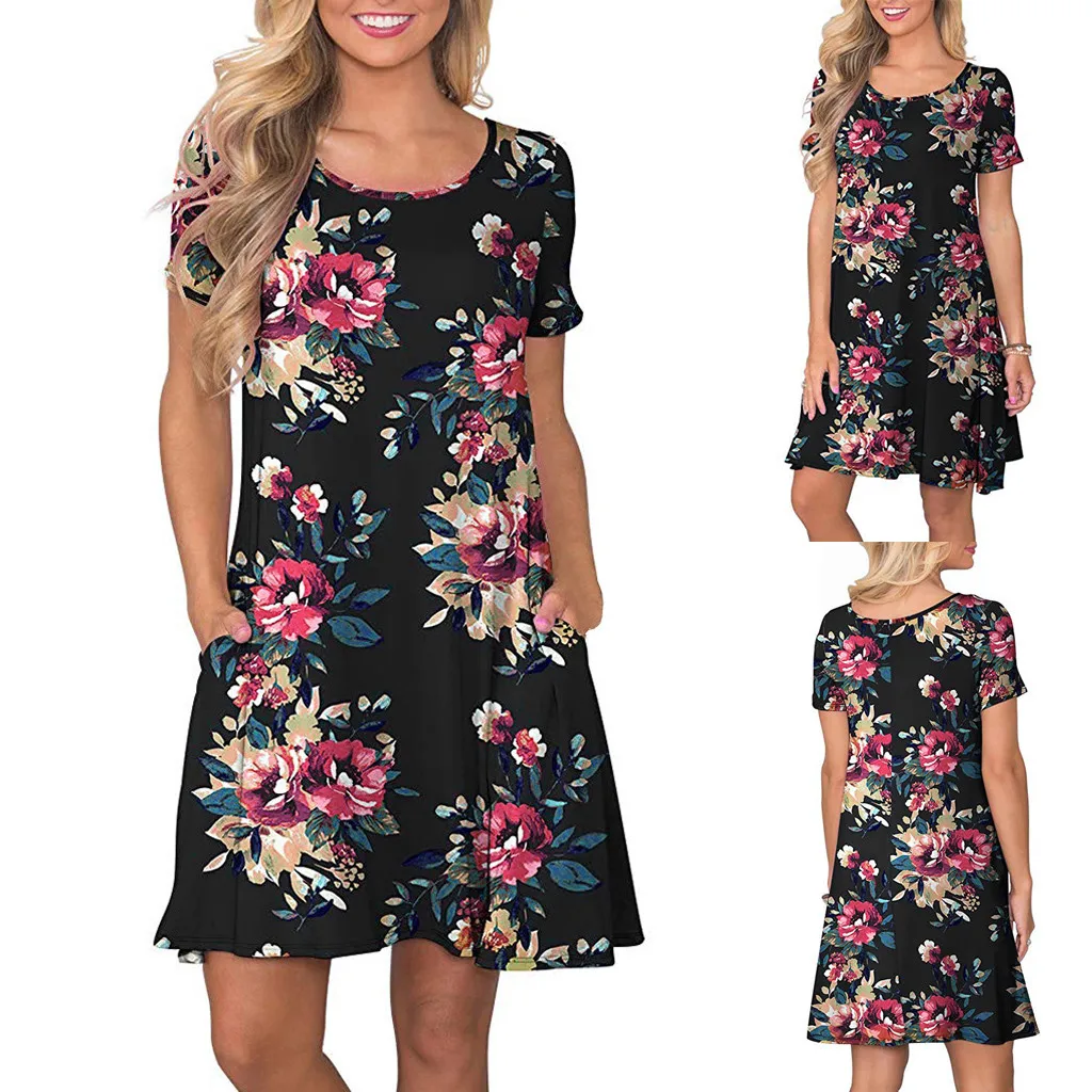 

Vestidos 2019 Women's Dresses Spring Summer Dress Women Summer Short Sleeve Floral Printed Pockets Sundress Casual Swing Dress