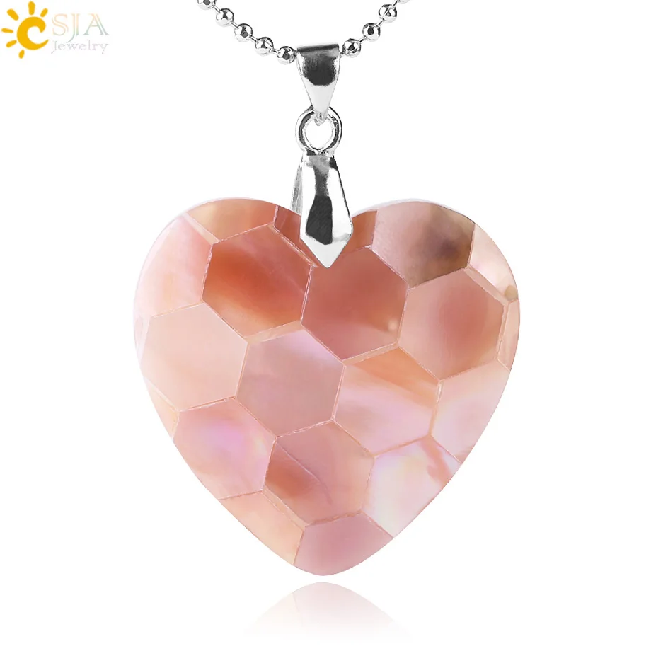 

CSJA Heart Shape Natural Abalone Shell Necklace & Pendant Mother of Pearl Hexagon Stitching White Pink Shells Women Jewelry F482