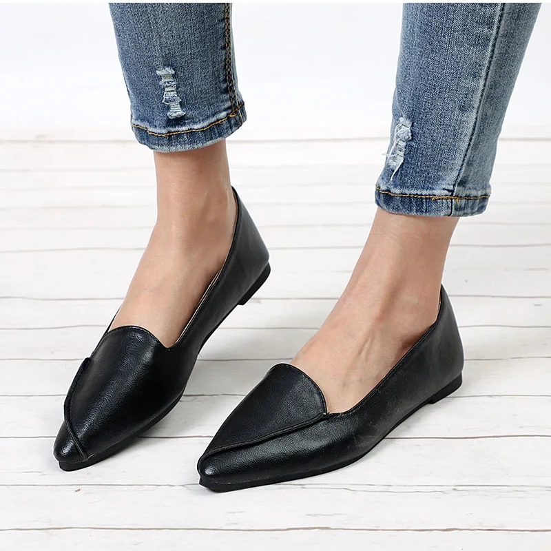 

Fashion Casual Autumn Slip On Flats Women Pointed Toe Shallow Low Heel Shoes For Ladies Lesuire Solid Footwear