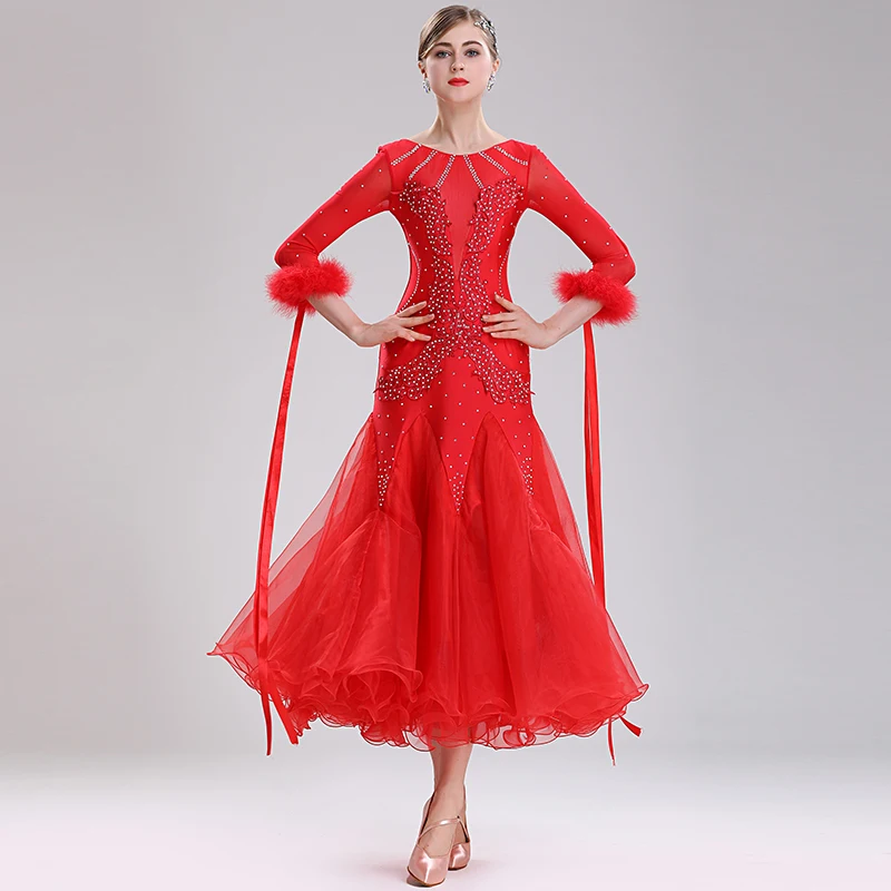 White Feather Rhinestones Ballroom Dance Competition Dresses Waltz Dance Costumes Ballroom Dress Standard Wear Women
