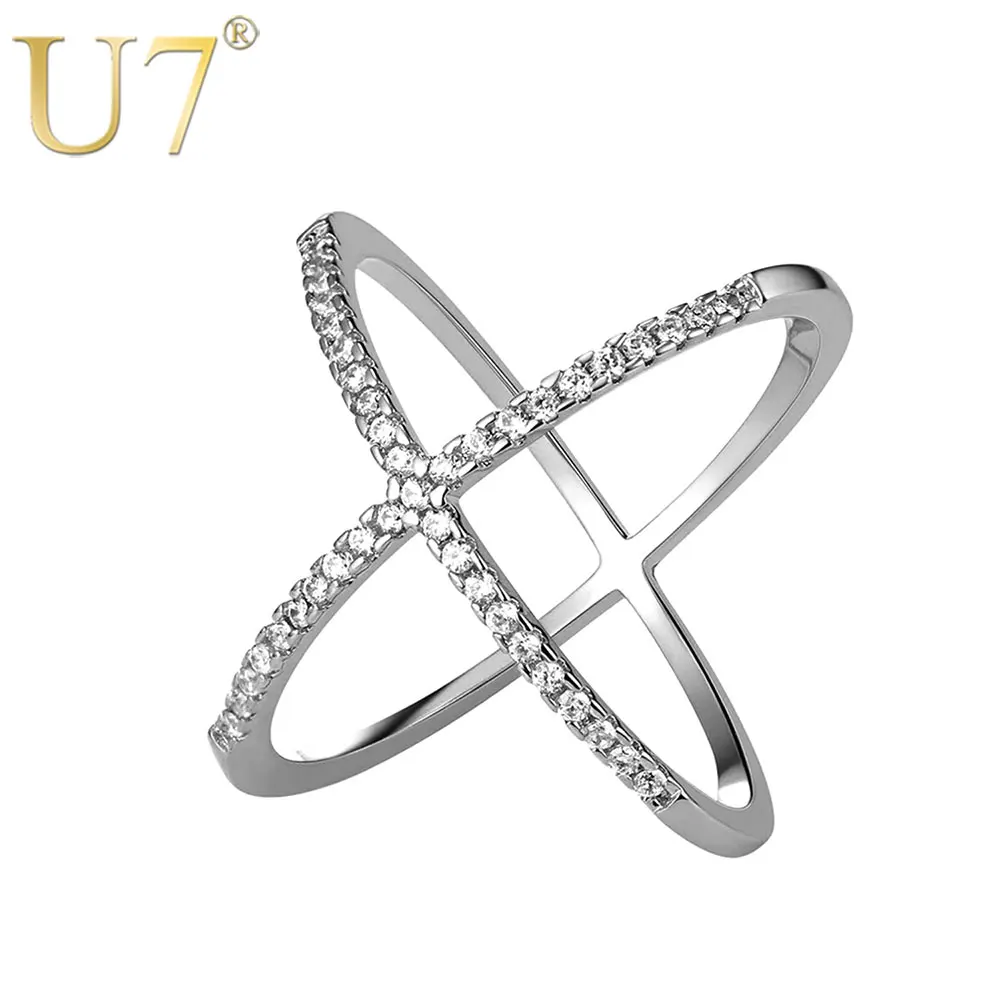 

U7 Sphere Cross Ring Simple Style Unique Gold Color Cubic Zirconia X Shape Ring For Women Gift Party Jewelry 2017 New R1006