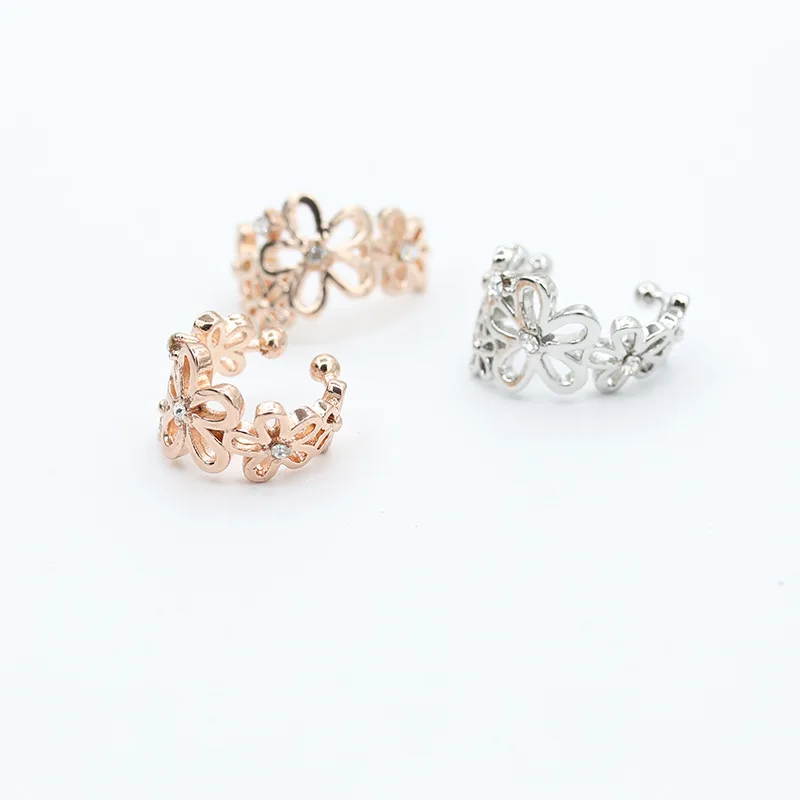 

Metallic Flower Linked Champagne Golden & Silver Crystal Ear Cuff Fashion Women Clip Earrings