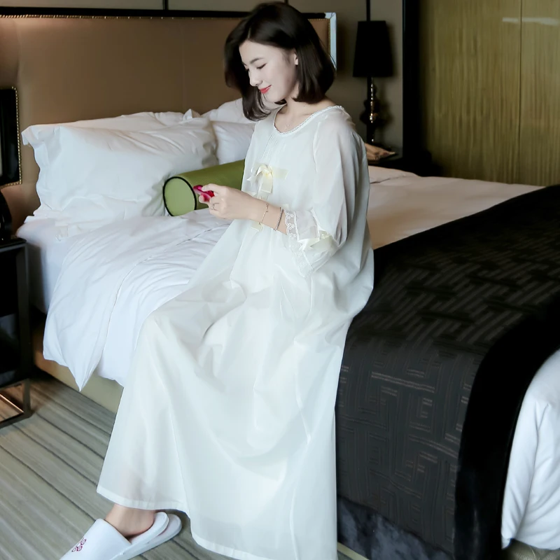 Autumn Summer White Silk Cotton 2- Pics Women's Long Nightgowns Elegant Sweet Princess Royal Loose Plus Size Sleepwear 5589