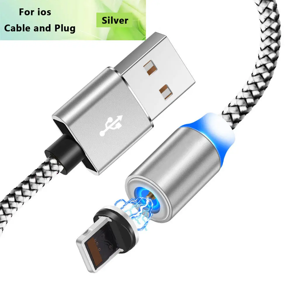 Светодиодный кабель с магнитной оплеткой типа C Micro USB Магнитные usb кабели для зарядки Apple iPhone XR XS Max X 7 8 6 samsung S9 S10 шнур - Цвет: Silver For iPhone