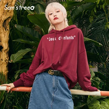 

Women Casual Hoodies Letter Prints Hooded Loose Long Sleeve Sweatshirts Red Grey Simple Basic Top Sweatshirts