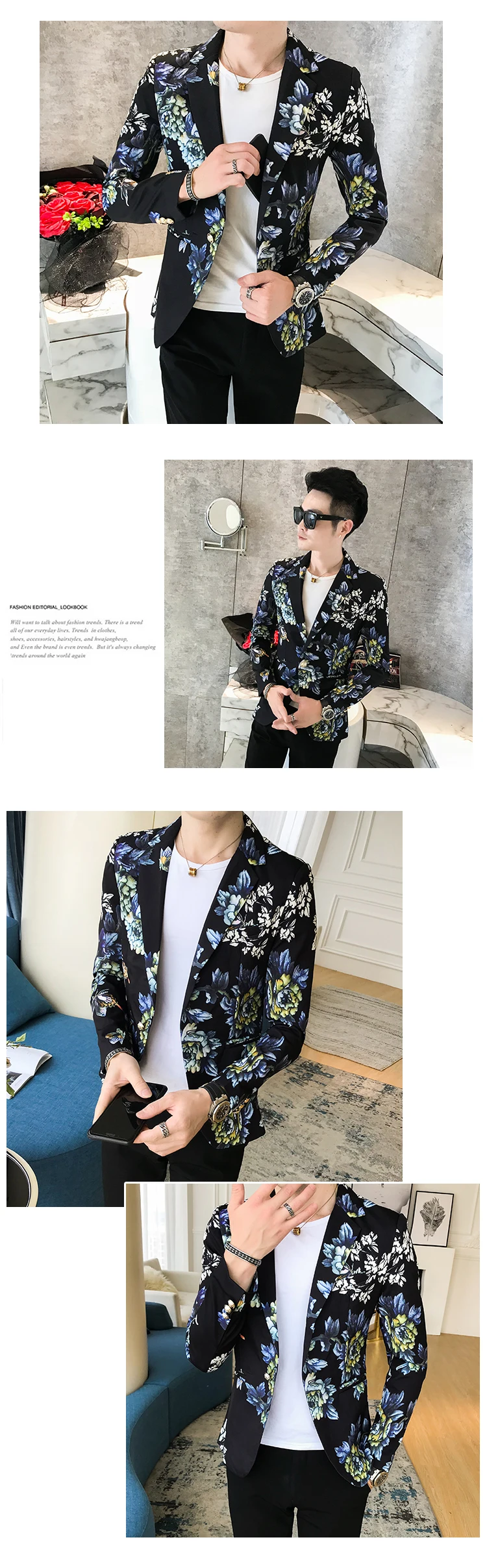 High-end moda personalidade floral terno jaqueta homem,