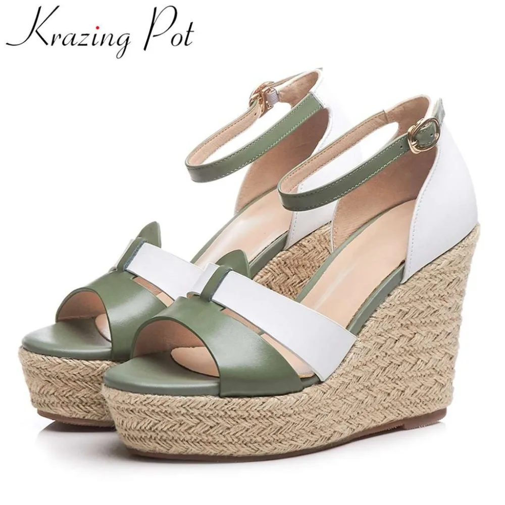 

Krazing Pot cow leather buckle strap mixed colors straw decoration super high bottom women sandals fashion gladiator shoes L72
