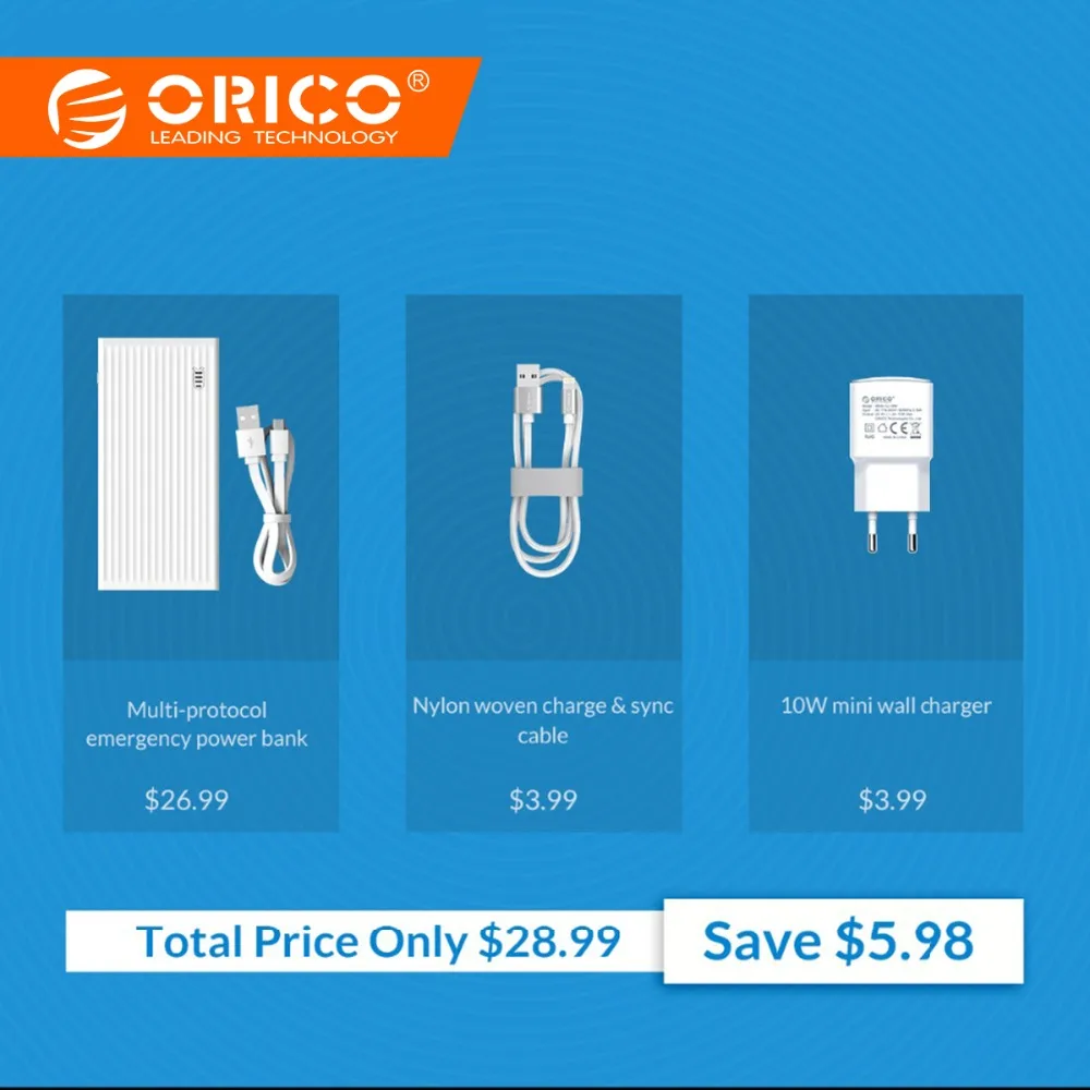

ORICO QC3.0 10000mah Power Bank With 100CM Lighting USB Cable 5V2A 10W USB Charging Dual USB External Battery Pack For iPhone