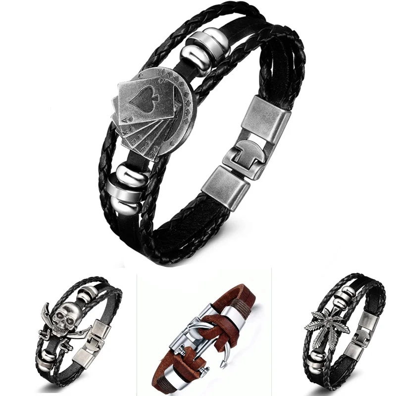

NEW Vintage Multiple Layers Leather Bracelet Set for Men Women Charm Leaf Feather Anchor Poker Bead Wrap Bracelets Gift Pulsera