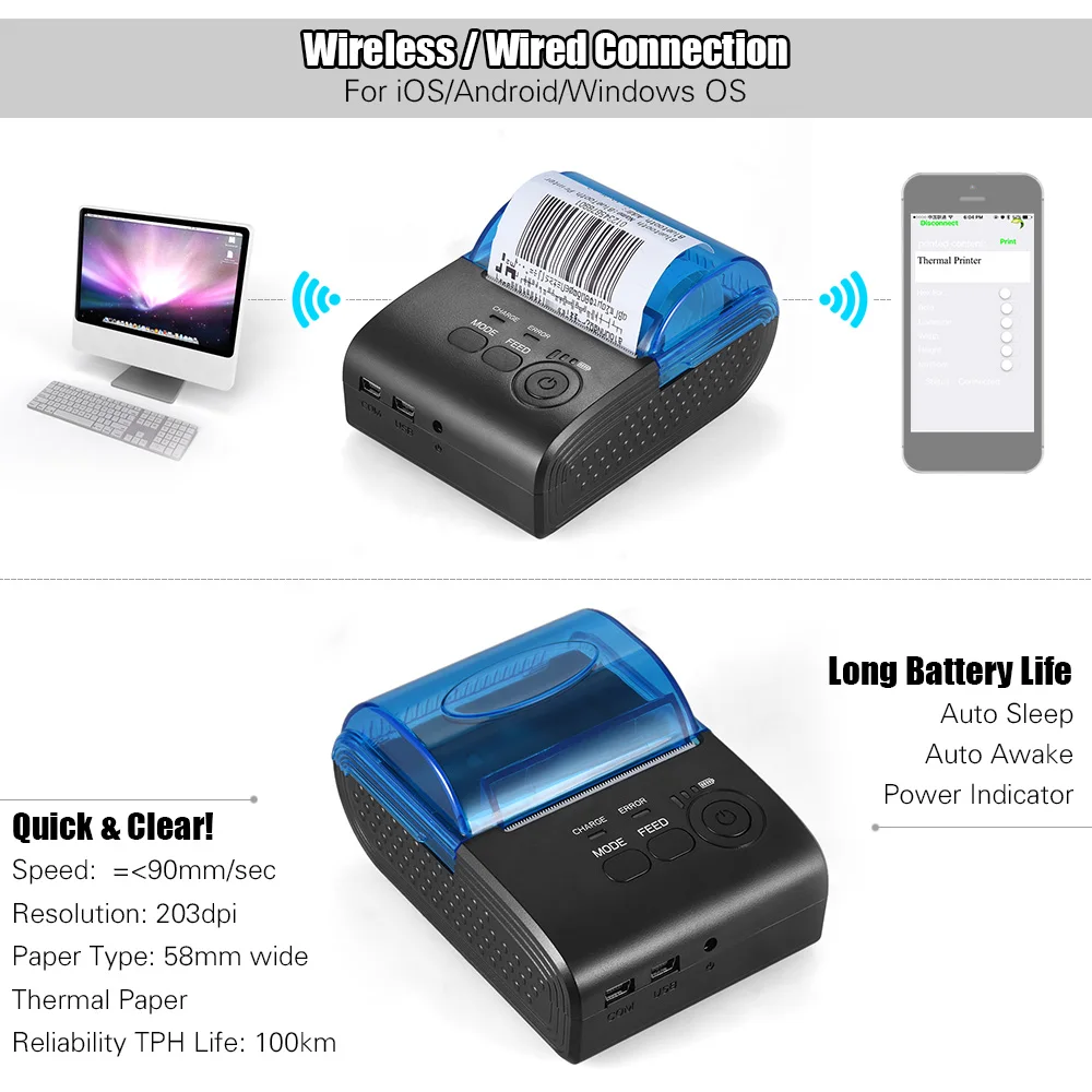 Aibecy термопринтер портативный мини принтер 58 мм Bluetooth USB для чеков билетов POS