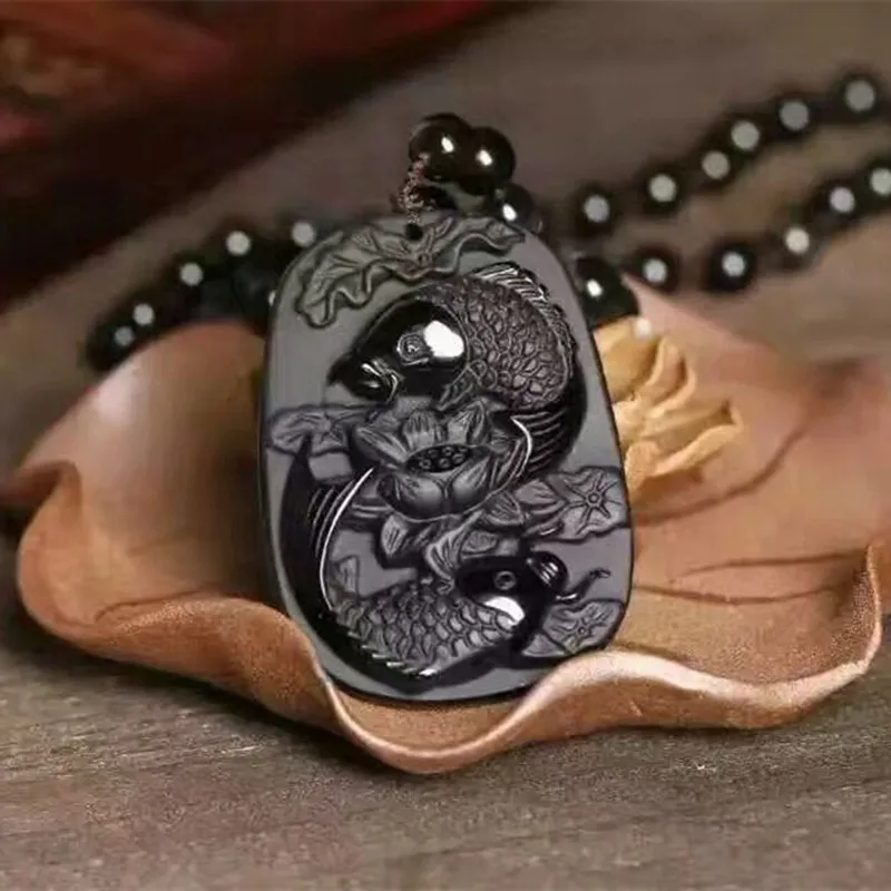 Jin Jewellery природных матирования черный обсидиан кулон тонкой работы cyprinus КАРПИО
