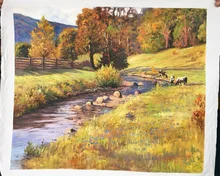 Free shipping handpainted Realist oil painting river grassland wood landscape wall paintings