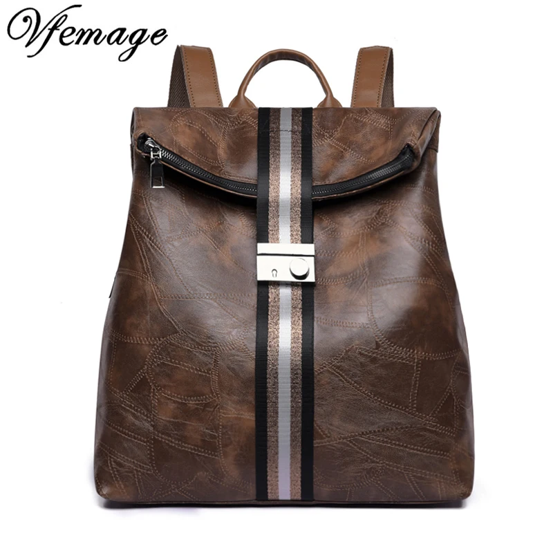 

Vfemage Fashion Patchwork Women Backpack Retro Leather Backpack Female Anti Theft Backpack Travel Bag for Women 2018 Sac A Dos