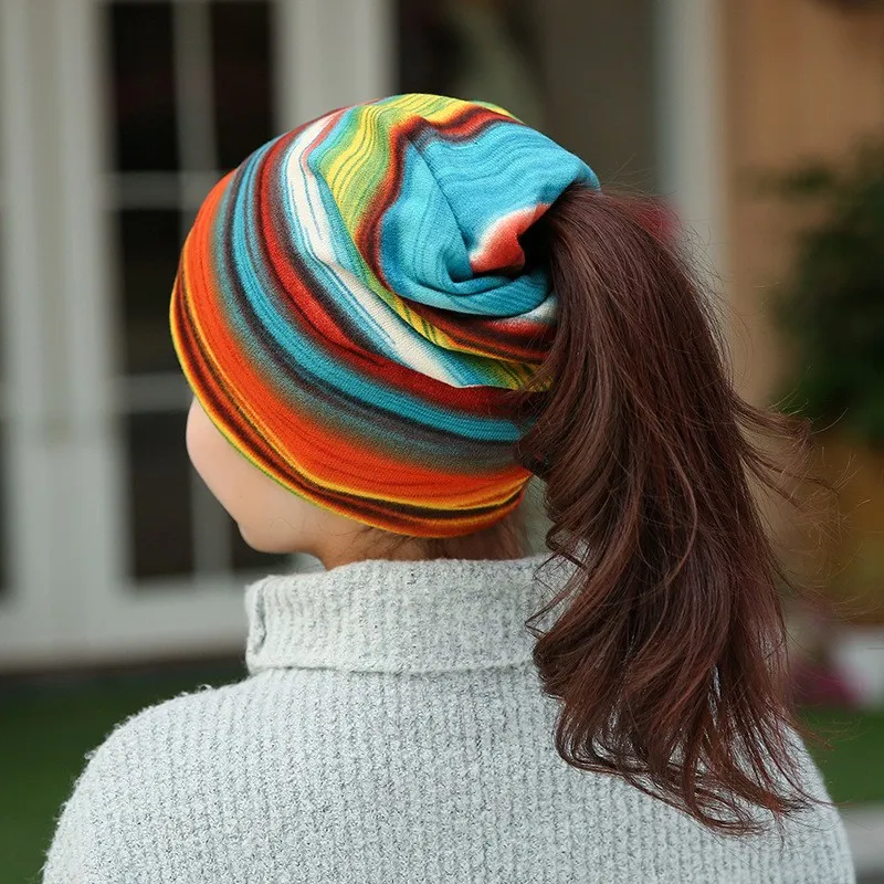 

Cotton Striped Ponytail Beanie Hat & Collar Scarf, Men Women Hip Hop Skullies Winter Warm Hat Snood Scarf New Spring