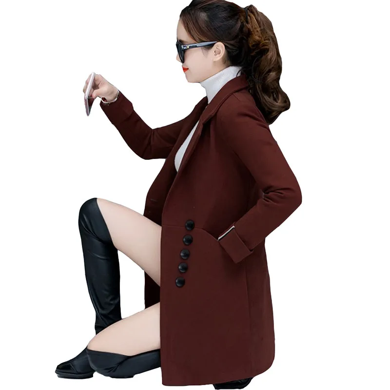 Для женщин в Корейском стиле шерстяное пальто осень-зима тонкие длинные шерстяные пальто Для женщин s элегантная однобортная одежда с длинным рукавом темно-коричневые пальто A152