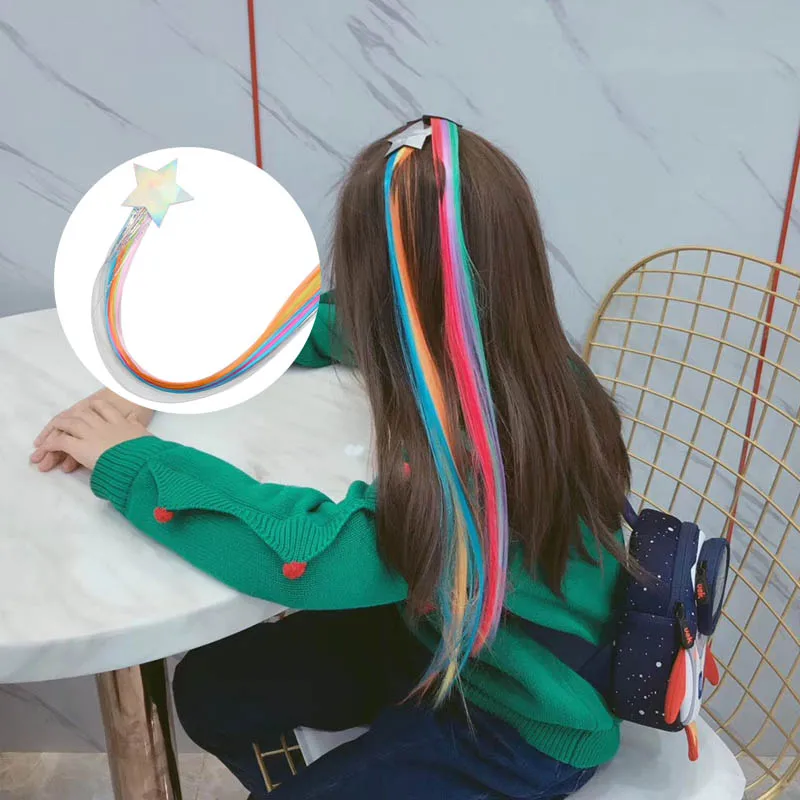 

ncmama Fashion Glitter Star Hair Clips for Girls with Colorful Long Wig Sweet Princess Hairpins Multi-Use Ponytail Hairgrips