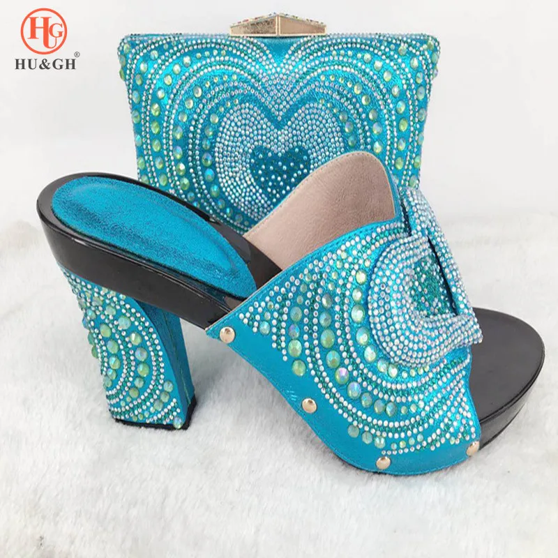 

2018 Nice Crytal Blue African shoe and bag set for party Italian shoe with matching bag new design ladies matching shoe and bag