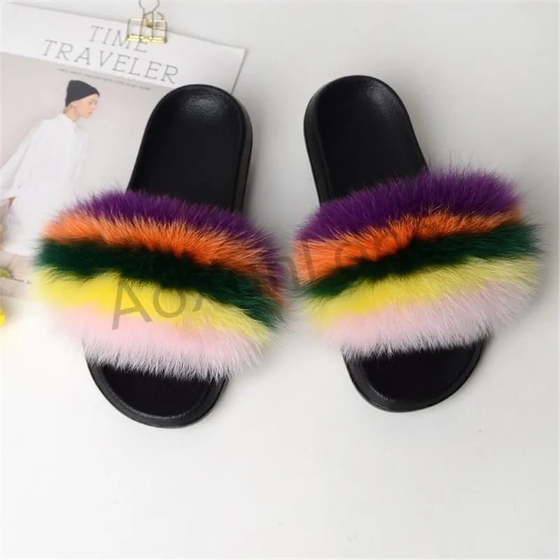 

2019 New Rainbow Color Real Fox Fur Slippers Women Slides Fluffy Slippers Furry Shoes Home Flip Flops Women fur slides wholesale