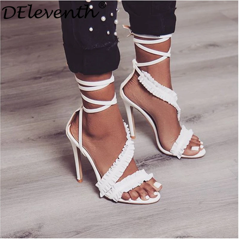 

DEleventh Gladiator Sandals Women High Heels Sexy Party Shoes Lace-Up Ruffles stringy selvedge Sandals Woman Shoes Female White