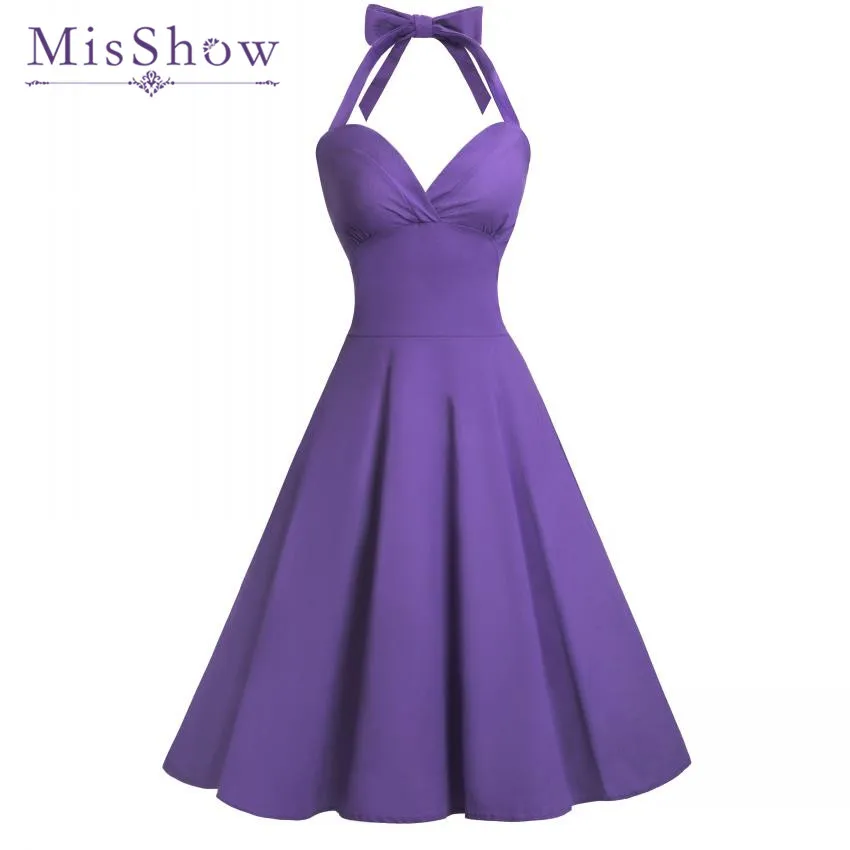 

MisShow 2019 Solid Purple Party Dress Rockabilly Sexy V Neck Halter Vintage Dress Sleeveless Women Summer Dress Top Ball Gown