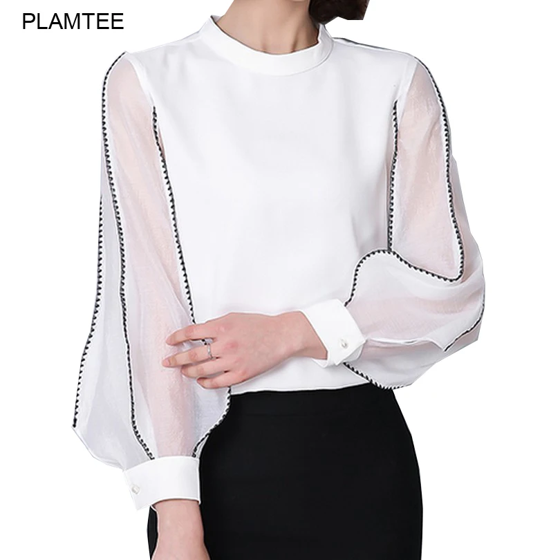 Prix Lanterne Manches Col montant Blanc Noir Blouse Mujer Tous Les Match Plus La Taille Camisas Femininas Élégant Ol Style Dames Chemises Tops