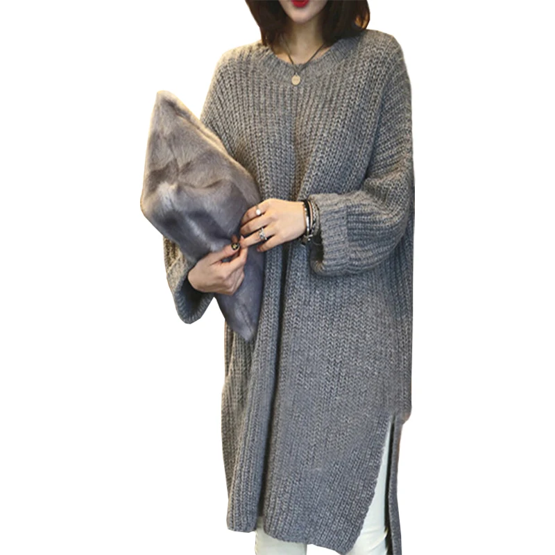 Europe US Knit Sweaters Dress Long Loose Bat Sleeve Split Halter Round Neck Turtleneck Sweater Women Clothing Vestidos MMY018 | Женская