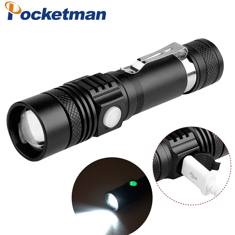 

Pocketman Ultra Bright XM-L T6 USB LED Flashlight 3 Modes 3800 Lumens Zoomable LED Torch 18650 Battery + Charger + USB z10