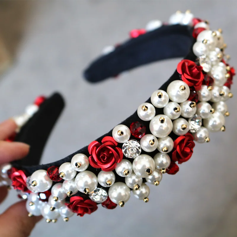 

5 colors Baroque Rose Flower Crown Tiaras Handwork Crystal Beads Gypsophila Hairbands Pearl Wedding Jewelry Hair Accessories new