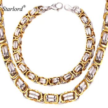 

Starlord Stainless Steel Motorcycle Bracelet Necklace Set Trendy 9MM Thick Gold Color Flat Byzantine Jewelry Set For Men GNH1149
