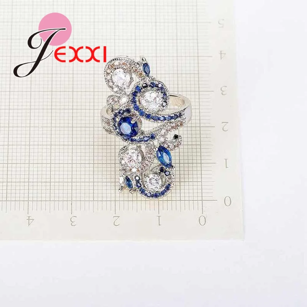 JEXXI Punk Style Blue & White CZ Crystal Hollow Flower Finger RIngs 925 Sterling Silver for Women Girls Wedding Party Jewelry