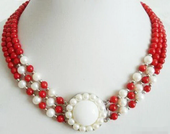 

Hot sale Free Shipping>>>>>3 Rows 8mm Red Coral Beads White Pearl Pendant Clasp Necklace