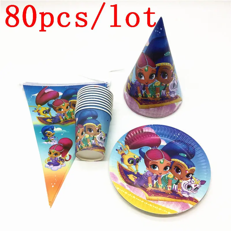 

Shimmer Shine Theme Disposable Tableware Set Cup Banner Boy Girl Birthday Party Baby Shower Caps Decoration Supply 80Pcs/Lot